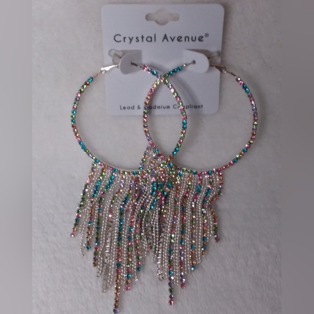 Hoop Dangle Pierce Earrings Silver Tone Pastel Colours Crystal Avenue